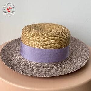 Federica Moretti Straw Boater Hat in Beige and Lilac